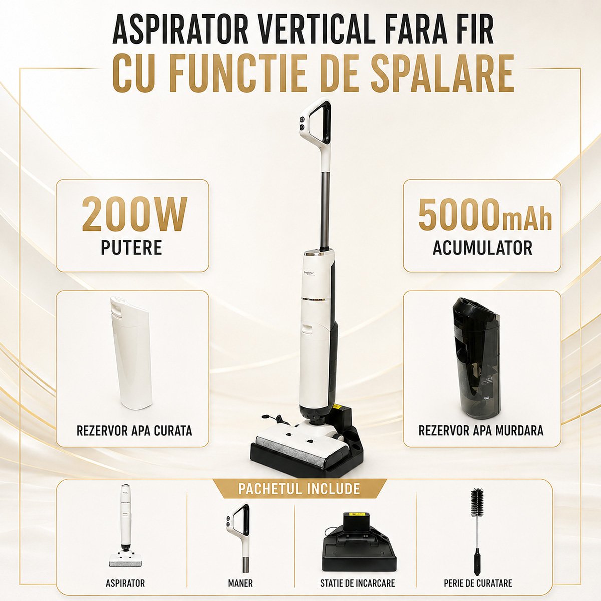 Aspirator vertical fara fir cu mop 200W, putere aspirare 18000Pa, baterie 5000mAh, rezervor apa 2x600ml, functie voce, ecran digital Breckner Germany – imagine 9