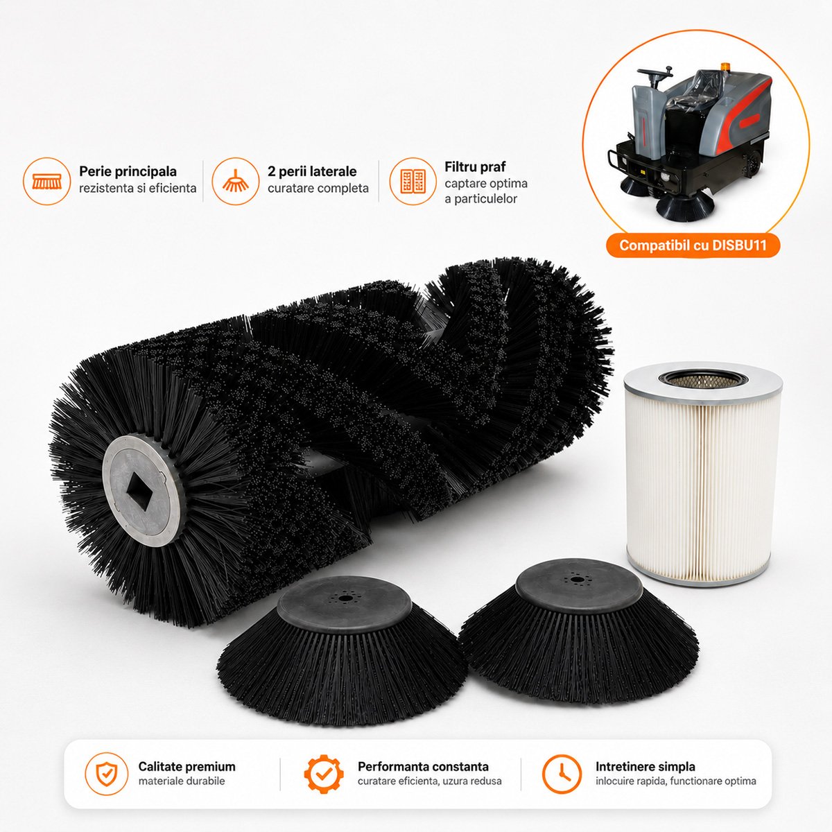 Kit intretinere masina de maturat stradala DISBU21, perie centrala 700mm, 2 perii laterale 500mm si filtru praf