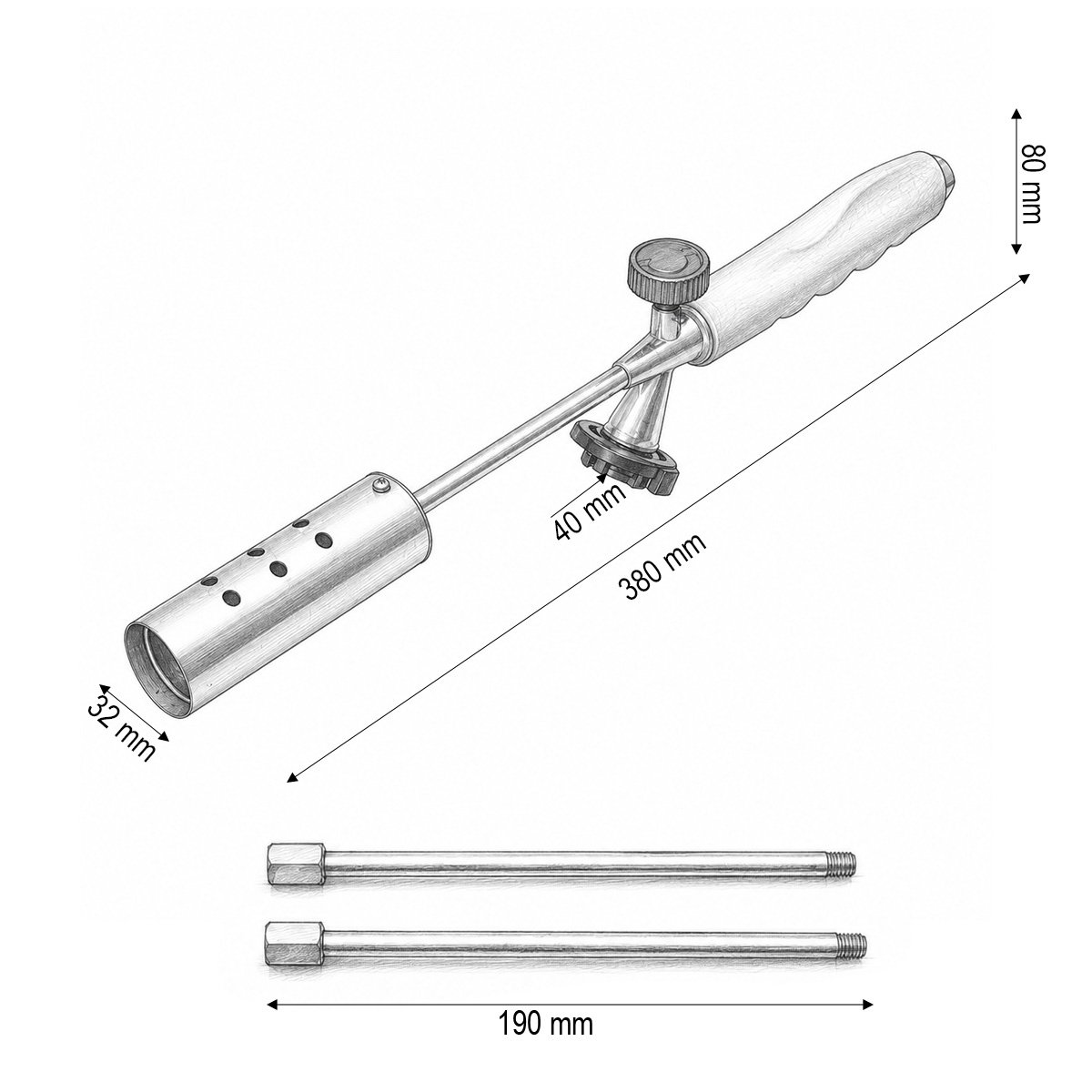 Schita dimensiuni arzator pentru buruieni si gradina 380-760 mm