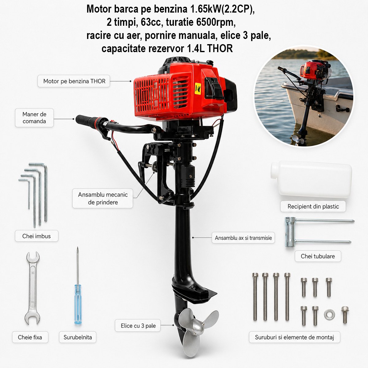 Motor barca pe benzina 2.2 CP, 2 timpi, 63cc, turatie 6500rpm, racire cu aer, pornire manuala, elice 3 pale, capacitate rezervor 1.4L THOR – imagine 3