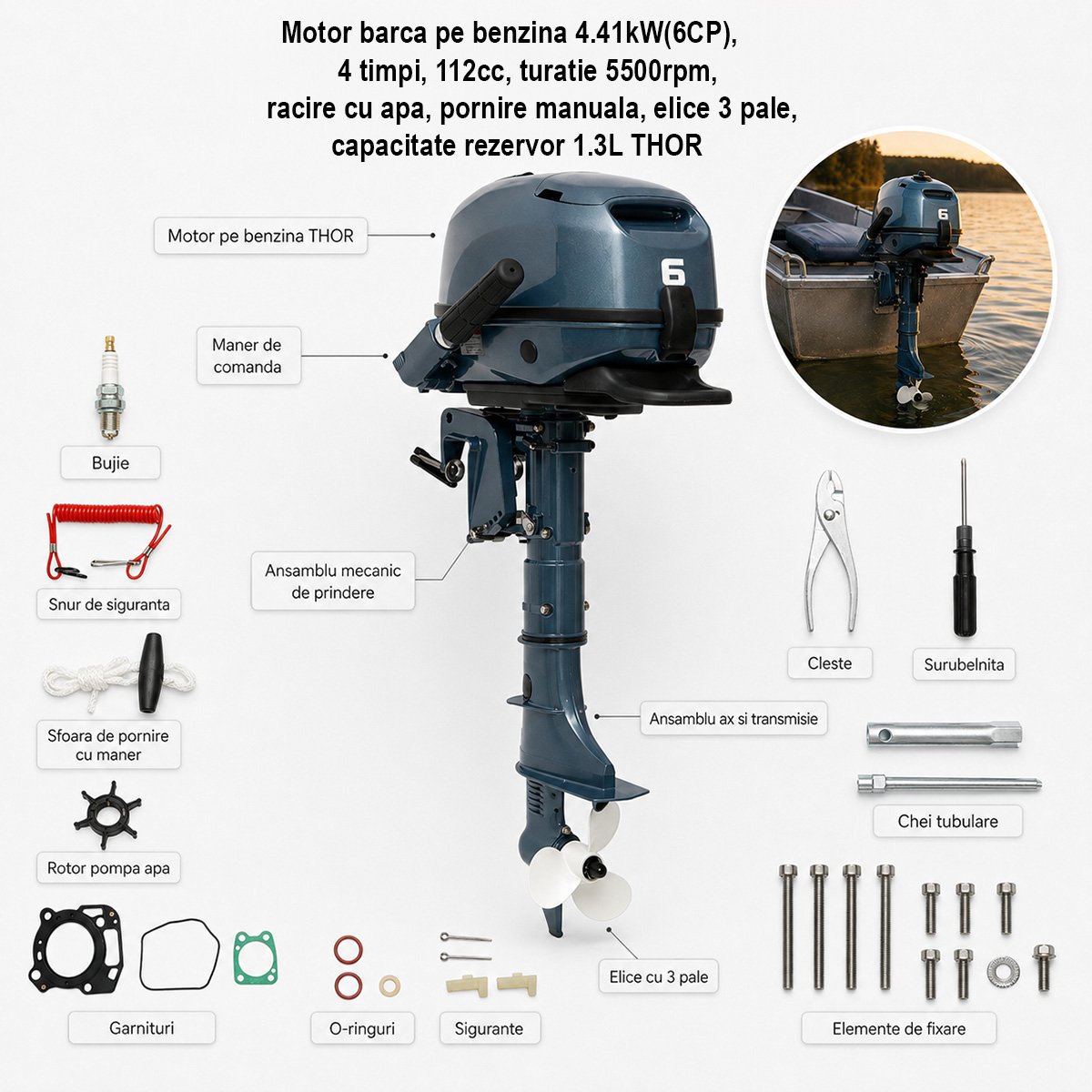 Motor barca pe benzina 6CP, 4 timpi, 112cc, turatie 5500rpm, racire cu apa, pornire manuala, elice 3 pale, capacitate rezervor 1.3L THOR – imagine 3