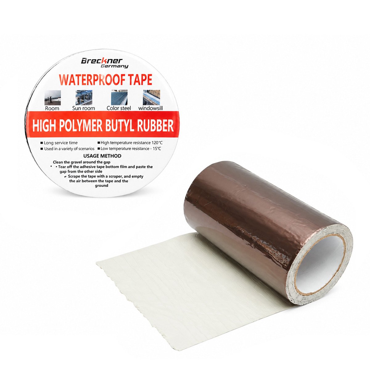 Banda butilica hidroizolanta autoadeziva 200mm x 5m cu folie de aluminiu maro RAL8011 Breckner Germany