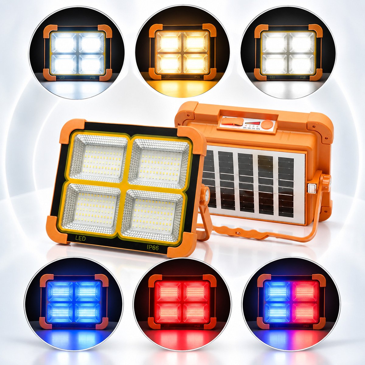 Proiector LED portabil 200W cu panou solar 3W, baterie 12000mAh, 6 moduri de iluminare, magnet, carlig, USB Power Bank Breckner Germany