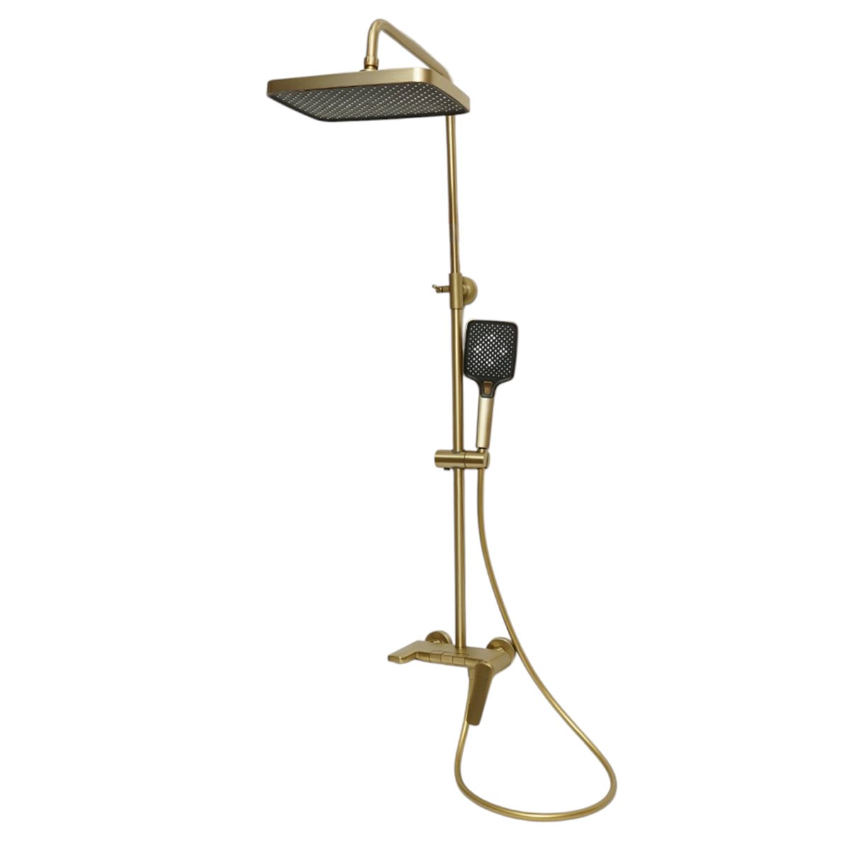 Set dus Premium multifunctional de perete din cupru, 3 functii curgere apa, dus dreptunghiular tip ploaie, para de dus, auriu mat
