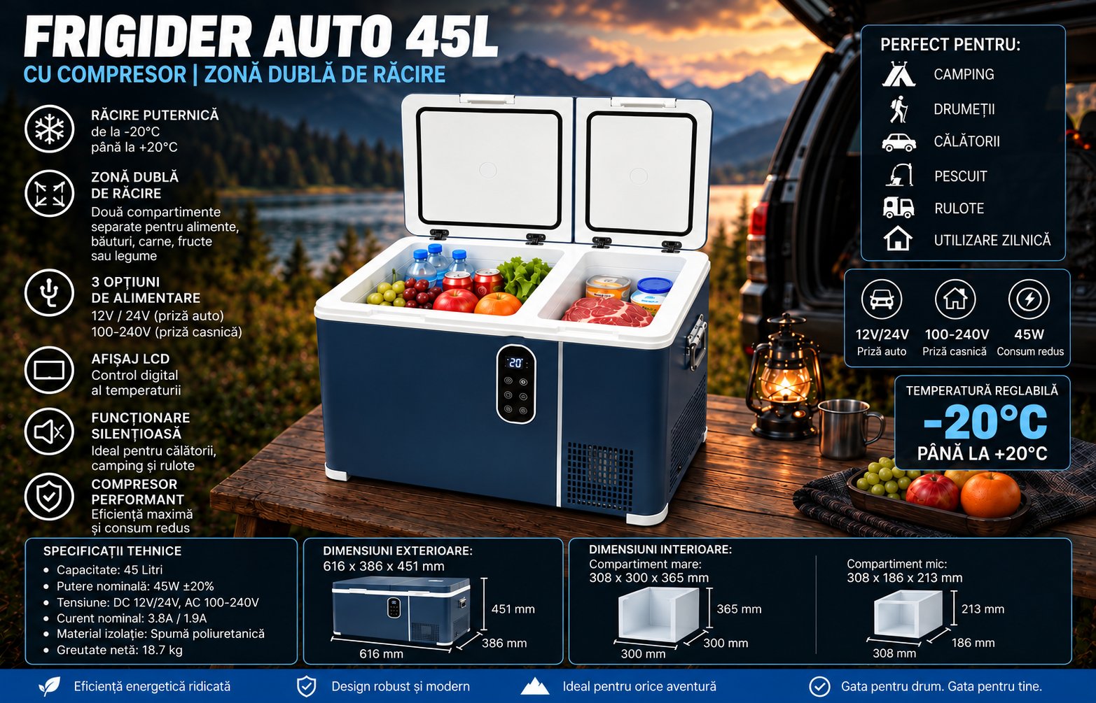 Frigider auto 45L cu compresor 12V-24V-220V, 45W, afisaj LCD, zona dubla de racire, albastru 616x386x451mm
