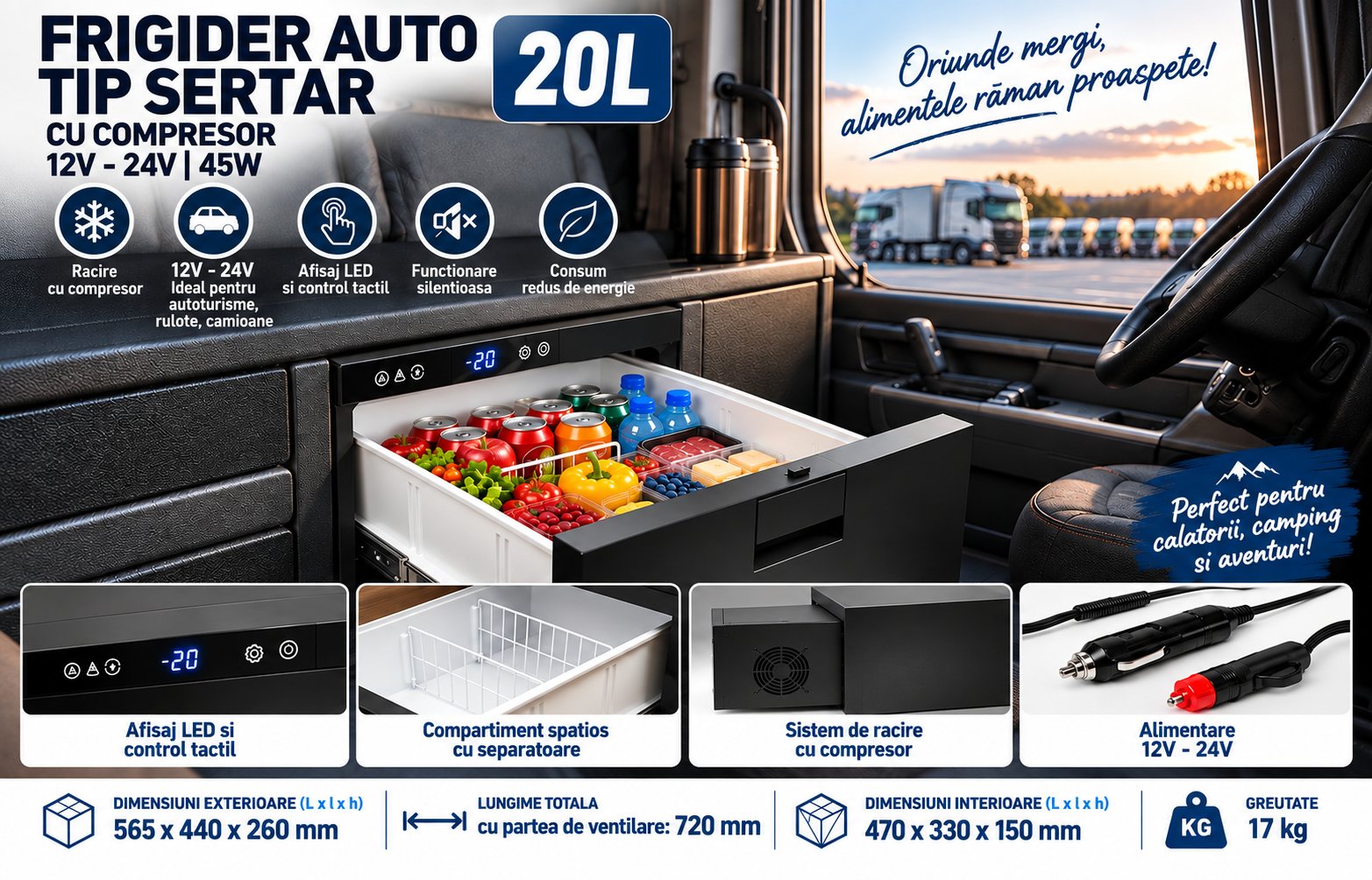 Frigider auto tip sertar 20L cu compresor 12V-24V, 45W, afisaj LED, negru 565x440x260mm
