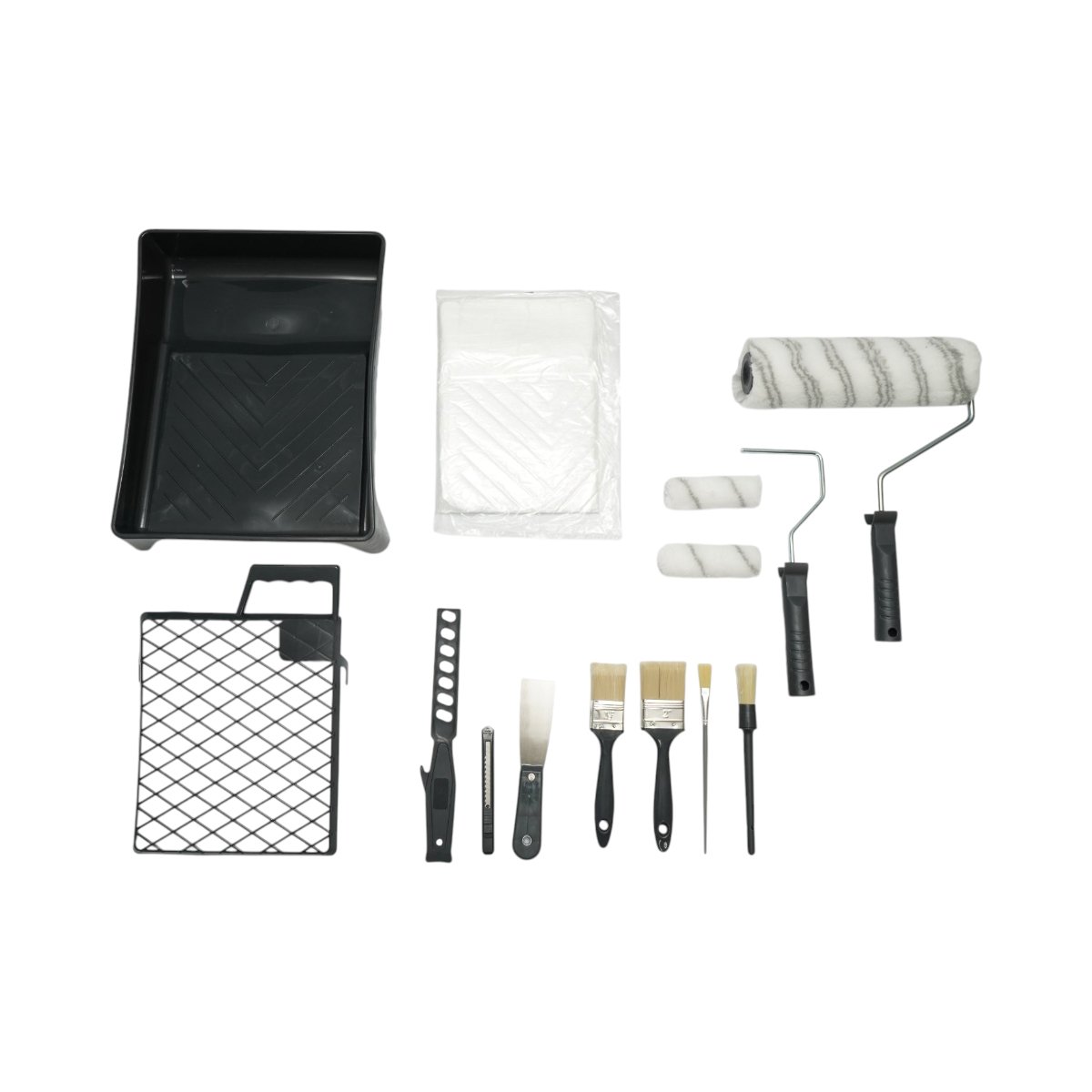 Set vopsit si zugravit cu trafaleti poliester 10cm, 25cm, 4 pensule, spaclu, mixer, tavita vopsea, gratar, folie protectie, cutter 15 piese Breckner Germany