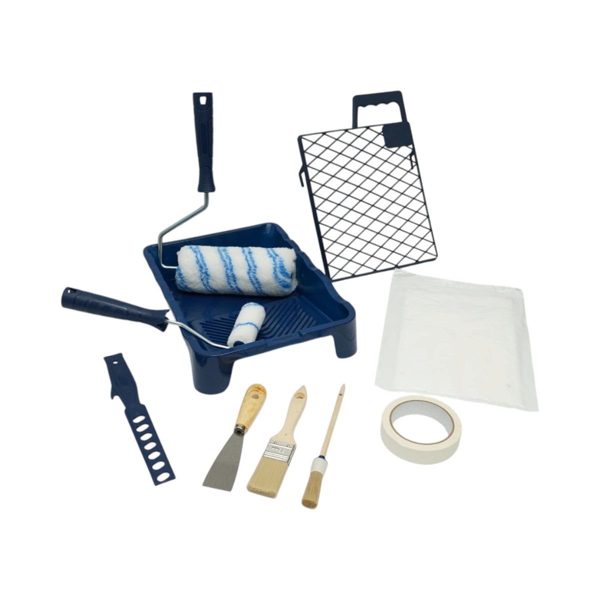 Set vopsit si zugravit cu trafaleti poliester 10cm, 18cm, 2 pensule, spaclu, mixer, tavita vopsea, gratar, folie protectie, banda mascare 15 piese Breckner Germany