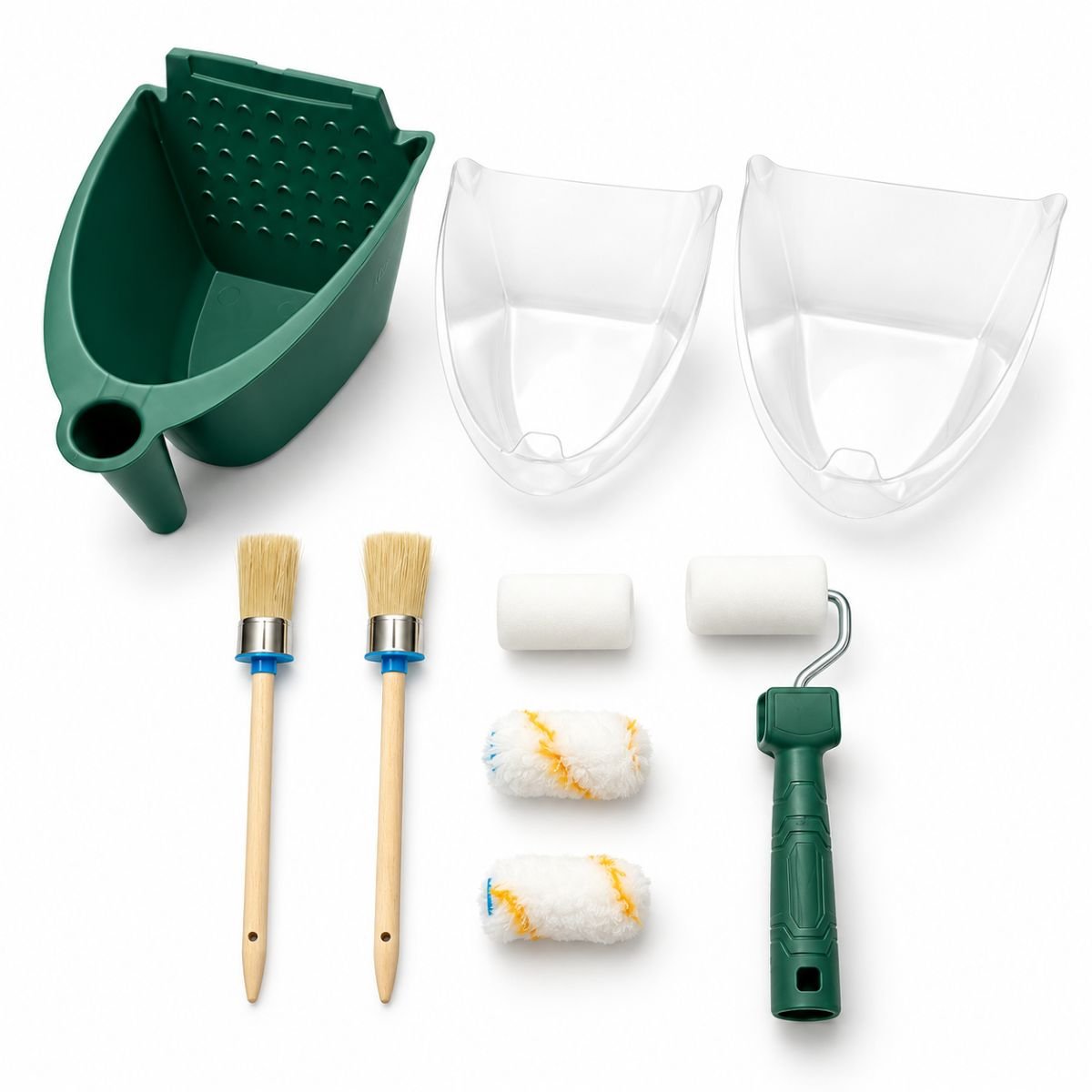 Set vopsit cu mini trafalet 55mm, 2 role burete, 2 role poliester, 2 pensule rotunde, recipient vopsea 10 piese Breckner Germany