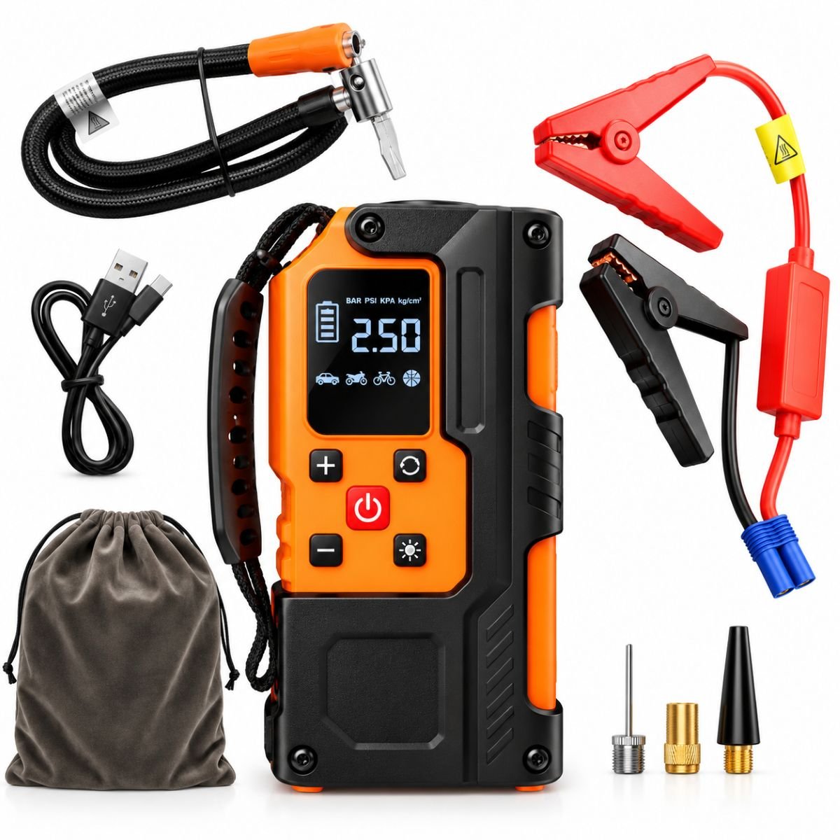 Robot pornire auto cu compresor aer portabil digital 150PSI, 12V, 120W, baterie Li-ion 8000mAh, Power Bank, lanterna LED, port USB/USB-C Breckner Germany