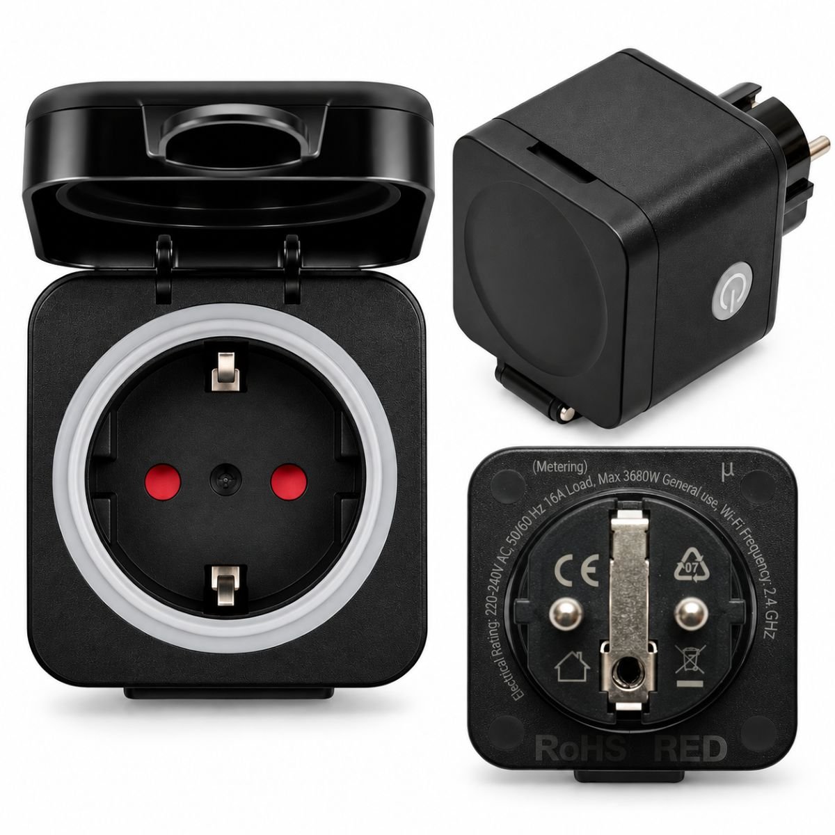 Priza inteligenta smart Wi-Fi neagra cu capac 220V, 50/60Hz, 16A, 3680W, monitorizare consum, Bluetooth, aplicatie Tuya Smart Life