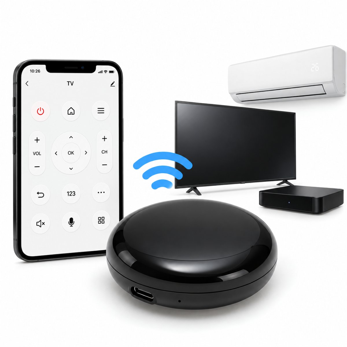 Telecomanda universala inteligenta smart Wi-Fi IR Blaster 2.4GHz, raza 10m, aplicatie Tuya Smart Life, compatibila Alexa si Google Home