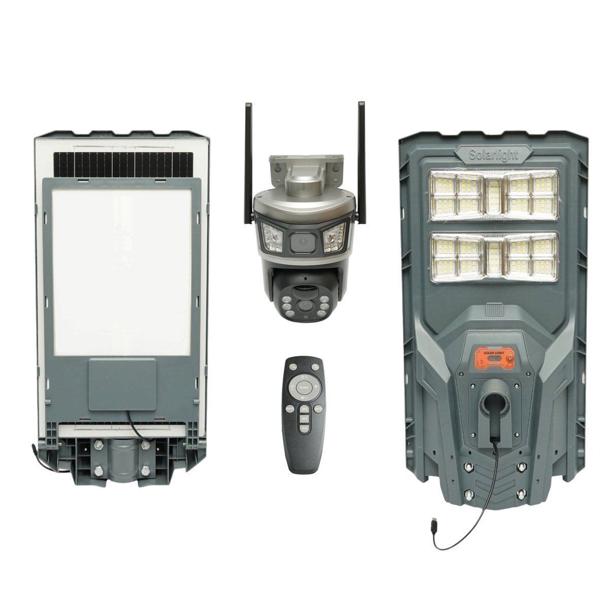 Lampa solara LED iluminat stradal 400W cu camera supraveghere duala 3MP Wi-Fi, panou solar 30W, baterie LiFePO4 20000mAh, PTZ 360, night vision, detectie PIR Ai, aplicatie V380 Pro