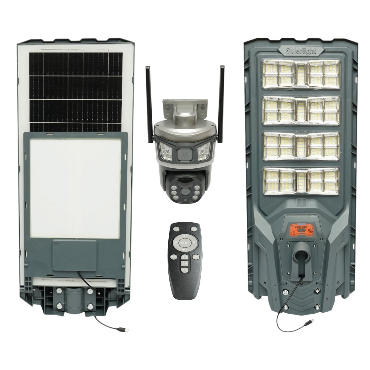 Lampa solara LED iluminat stradal 800W cu camera supraveghere duala 3MP Wi-Fi, panou solar 40W, baterie LiFePO4 30000mAh, PTZ 360, night vision, detectie PIR Ai, aplicatie V380 Pro
