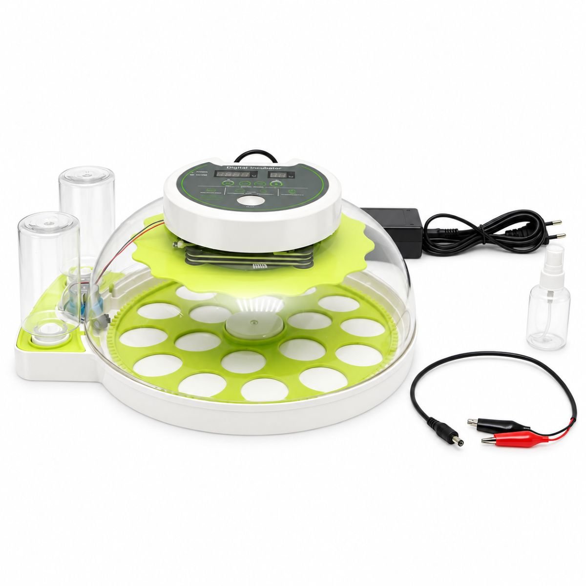 Incubator automat 18 oua 60W, 12V-220V, rotire automata, ovoscop LED, control temperatura, umiditate, afisaj digital, alarma
