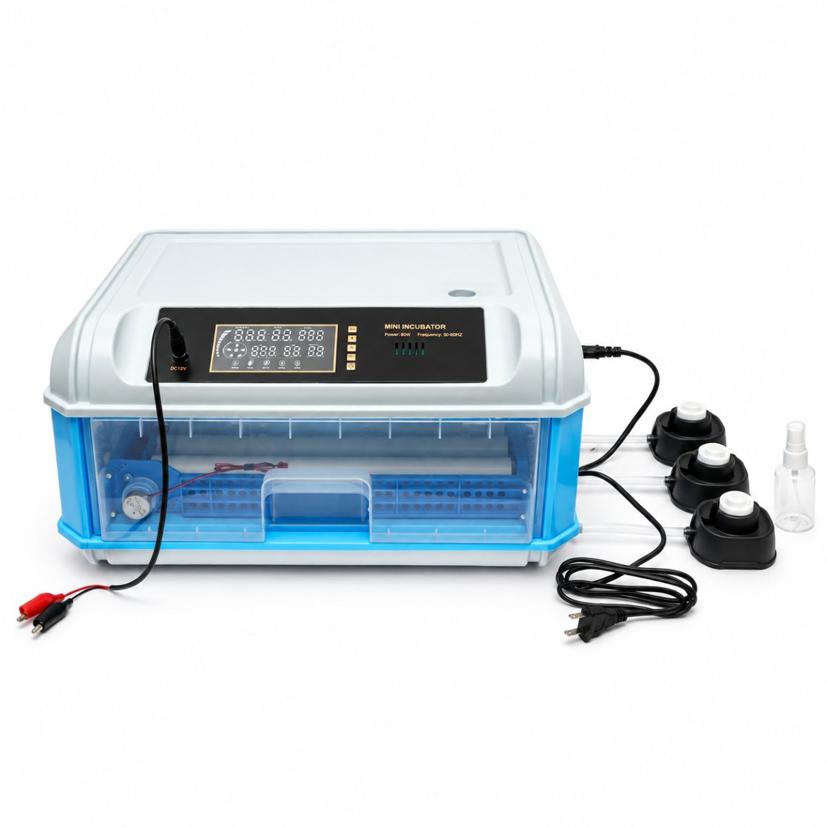 Incubator automat 24 oua 35W, 12V-220V, rotire automata, ovoscop LED, control temperatura, umiditate, afisaj digital, alarma
