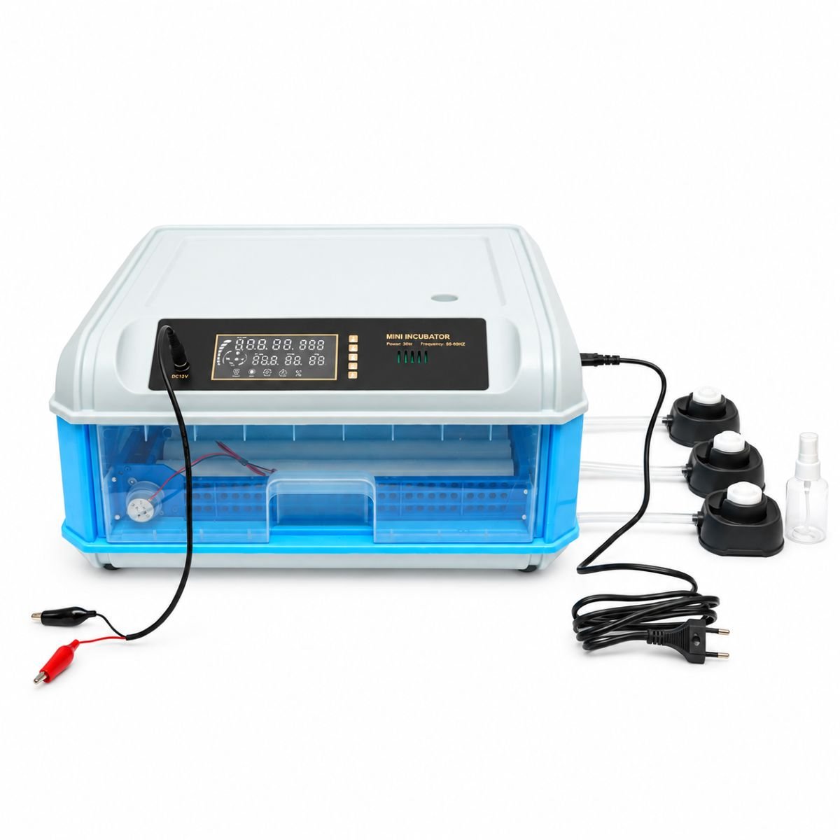 Incubator automat 36 oua 35W, 12V-220V, rotire automata, ovoscop LED, control temperatura, umiditate, afisaj digital, alarma