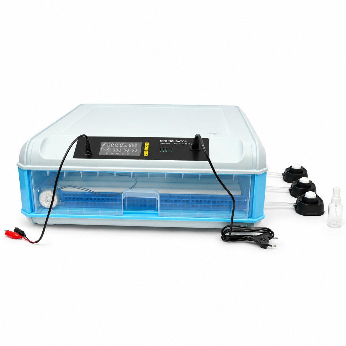 Incubator automat 100 oua 80W, 12V-220V, rotire automata, ovoscop LED, control temperatura, umiditate, afisaj digital, alarma