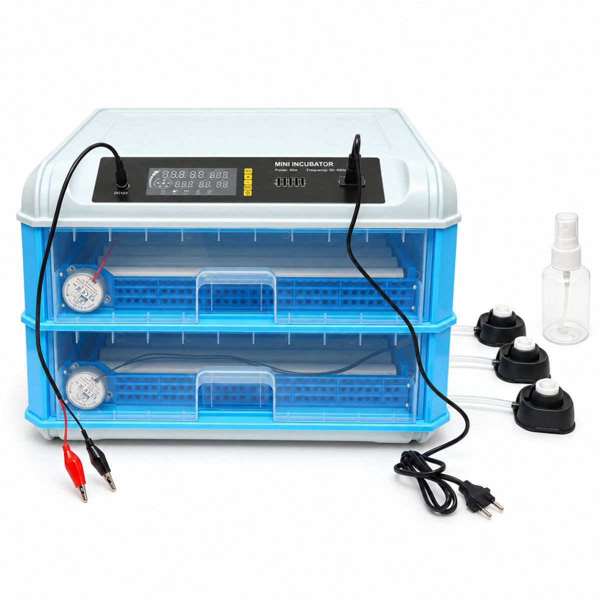 Incubator automat 128 oua 80W, 12V-220V, rotire automata, ovoscop LED, control temperatura, umiditate, afisaj digital, alarma