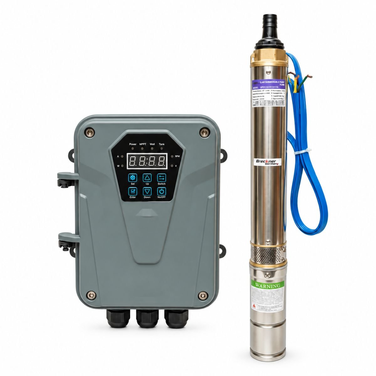 Pompa apa submersibila solara inox 1100W, 110V, D76mm, debit 6 m3/h, Brushless, controler MPPT, inaltime refulare 84m 3SYD6-84-110-1100 Breckner Germany