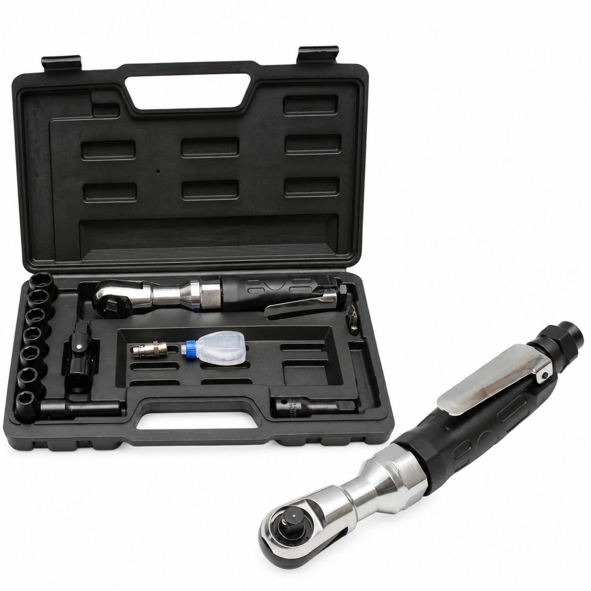 Trusa clichet pneumatic reversibil 1/2 inch si 3/8 inch, cuplu 68Nm, tubulare 8-19mm, turatie 160rpm, presiune 6.3 bar 16 piese Breckner Germany