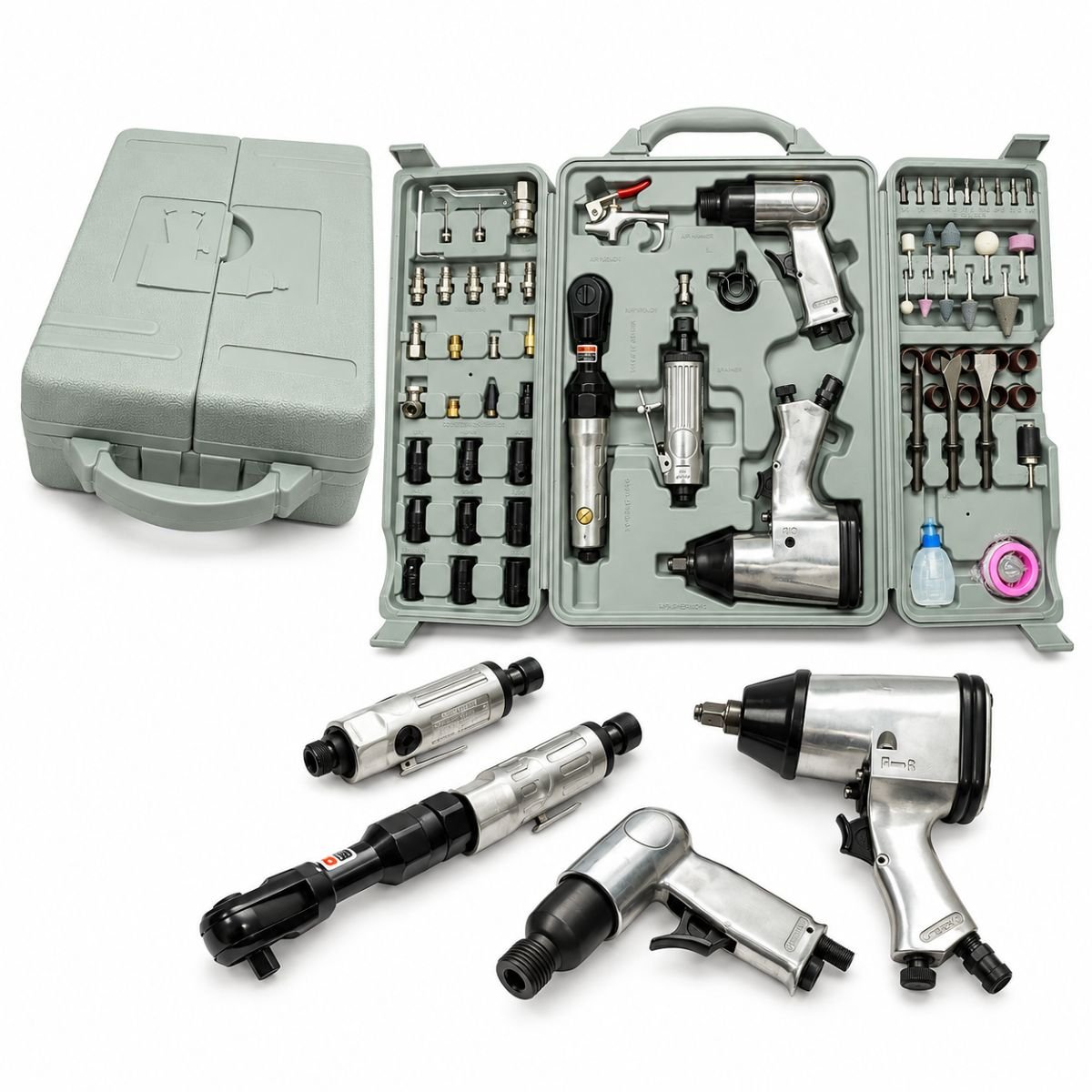 Trusa scule pneumatice cu pistol de impact, ciocan, clichet, polizor drept si accesorii 71 piese
