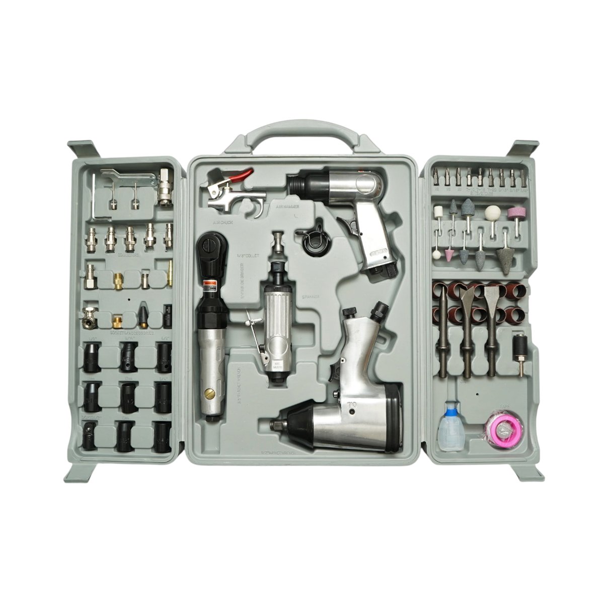 Trusa scule pneumatice cu pistol de impact, ciocan, clichet, polizor drept si accesorii 71 piese – imagine 2