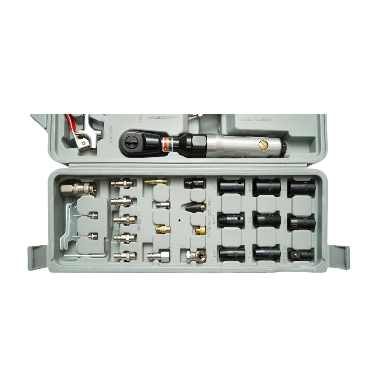 Trusa scule pneumatice cu pistol de impact, ciocan, clichet, polizor drept si accesorii 71 piese – imagine 5