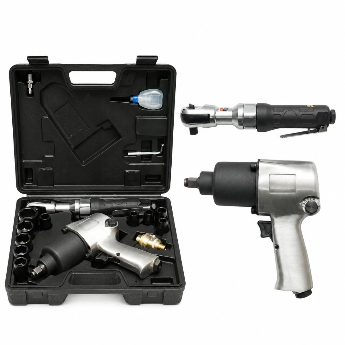 Trusa scule pneumatice cu pistol de impact Twin Hammer 1/2 inch, clichet 3/8 inch, 10 tubulare 9-27mm si accesorii 16 piese Breckner Germany