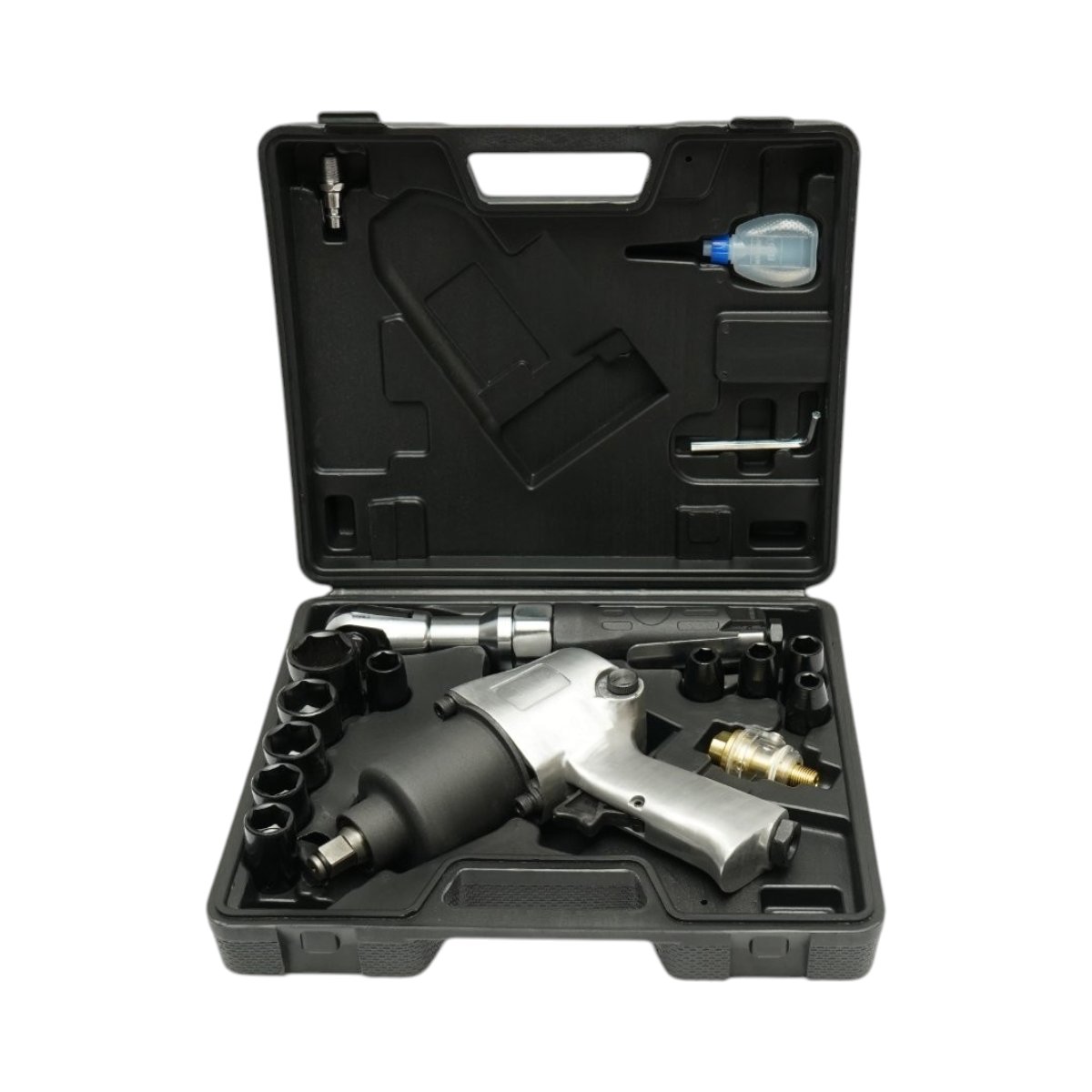 Trusa scule pneumatice cu pistol de impact Twin Hammer 1/2 inch, clichet 3/8 inch, 10 tubulare 9-27mm si accesorii 16 piese Breckner Germany – imagine 2