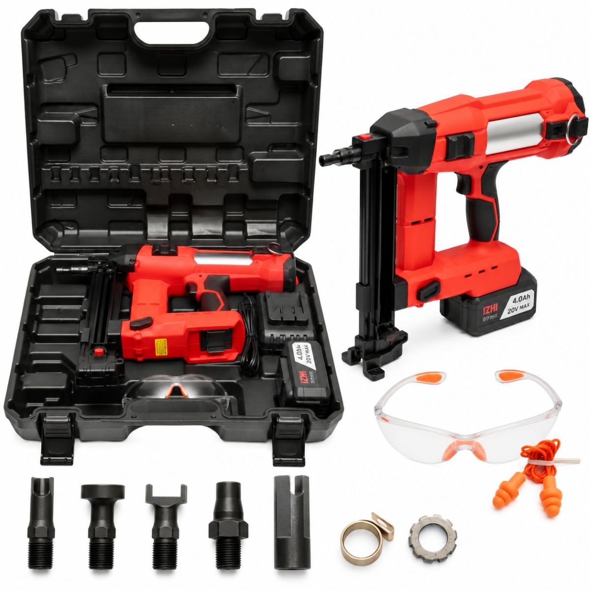Pistol de batut cuie in beton si metal cu acumulator 20V, 4Ah Li-ion, LED, brushless, 100 Joule, cuie 15-40mm, diametru 2.7-3mm, magazie 33 cuie Breckner Germany