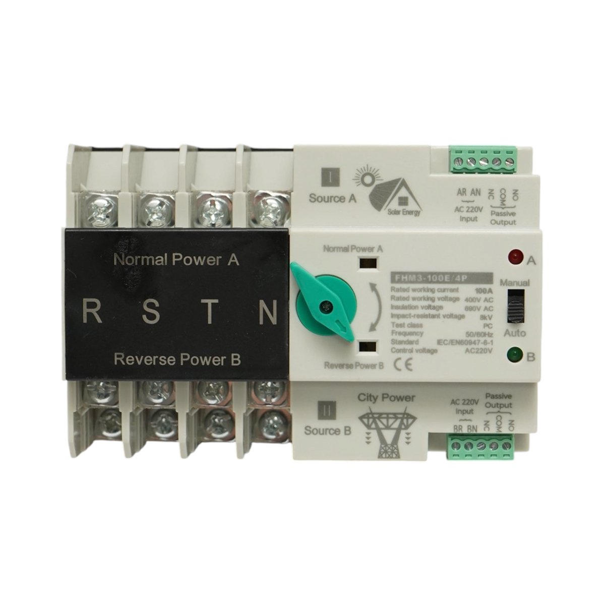 Comutator ATS trifazat 4P, 100A 400V AC Dual Power, transfer automat de la panouri fotovoltaice la retea FHM3-100E/4P