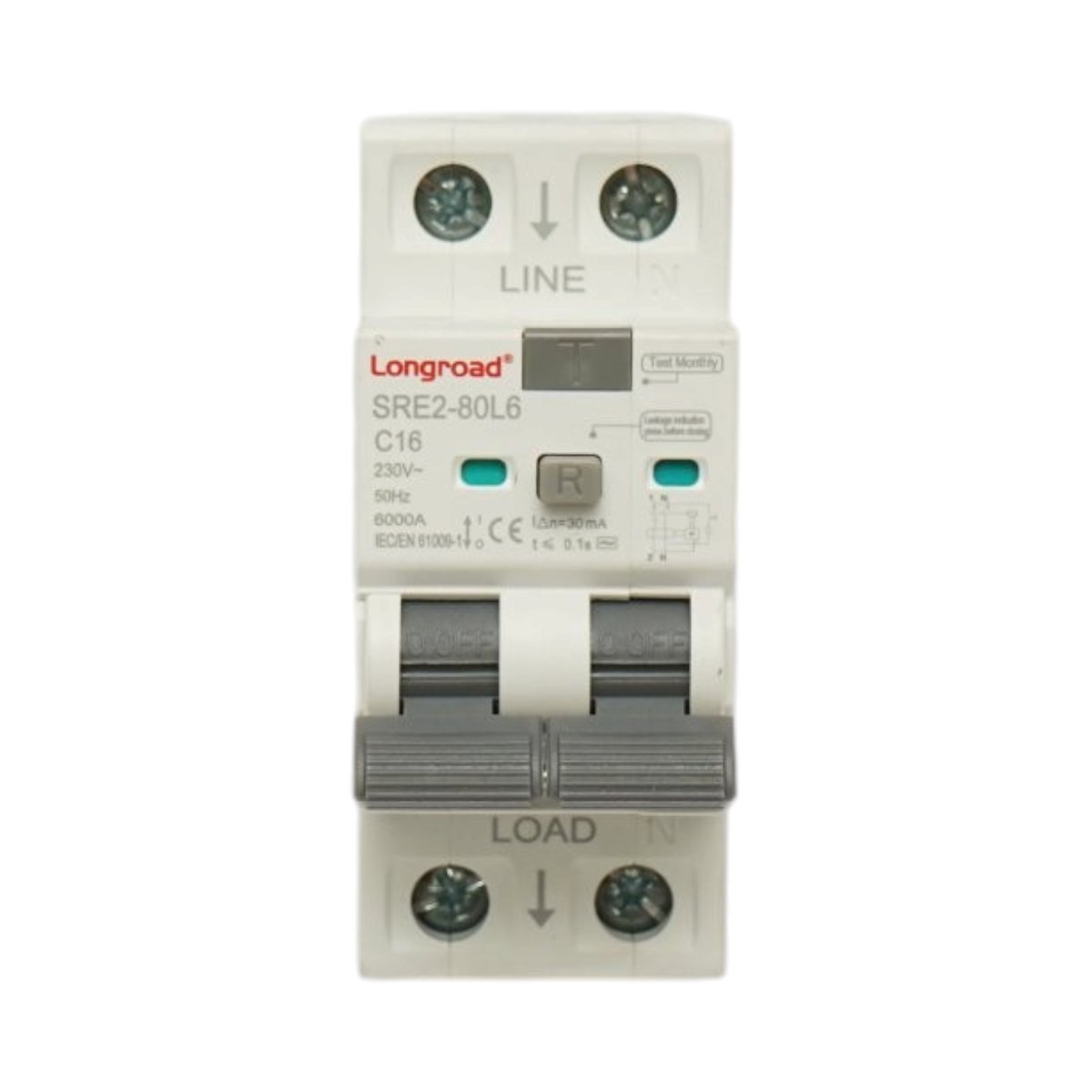 Siguranta diferentiala automata RCBO 2P, 16A 230VAC, 30mA, 6kA SRE2-80L6 Longroad