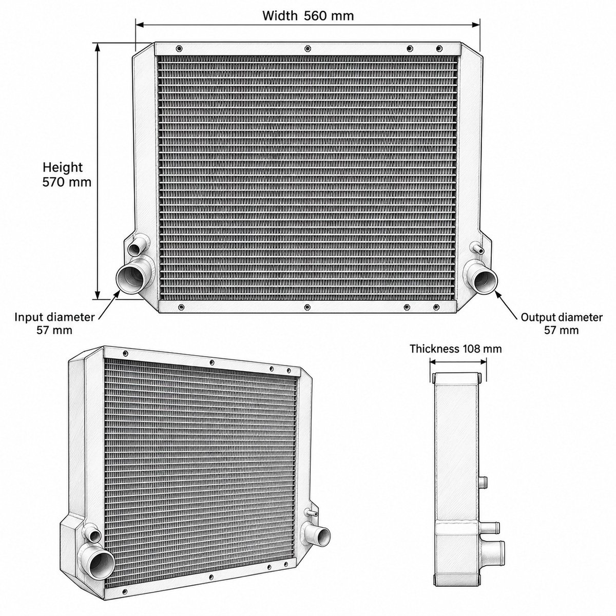 Radiator racire apa Case IH MX100, MX110, MX120, MX135, MX150, MX170, 570x560x108mm cod OEM 87576645, 135690A3, 135691A3, 244295A1, 87576645 – imagine 2