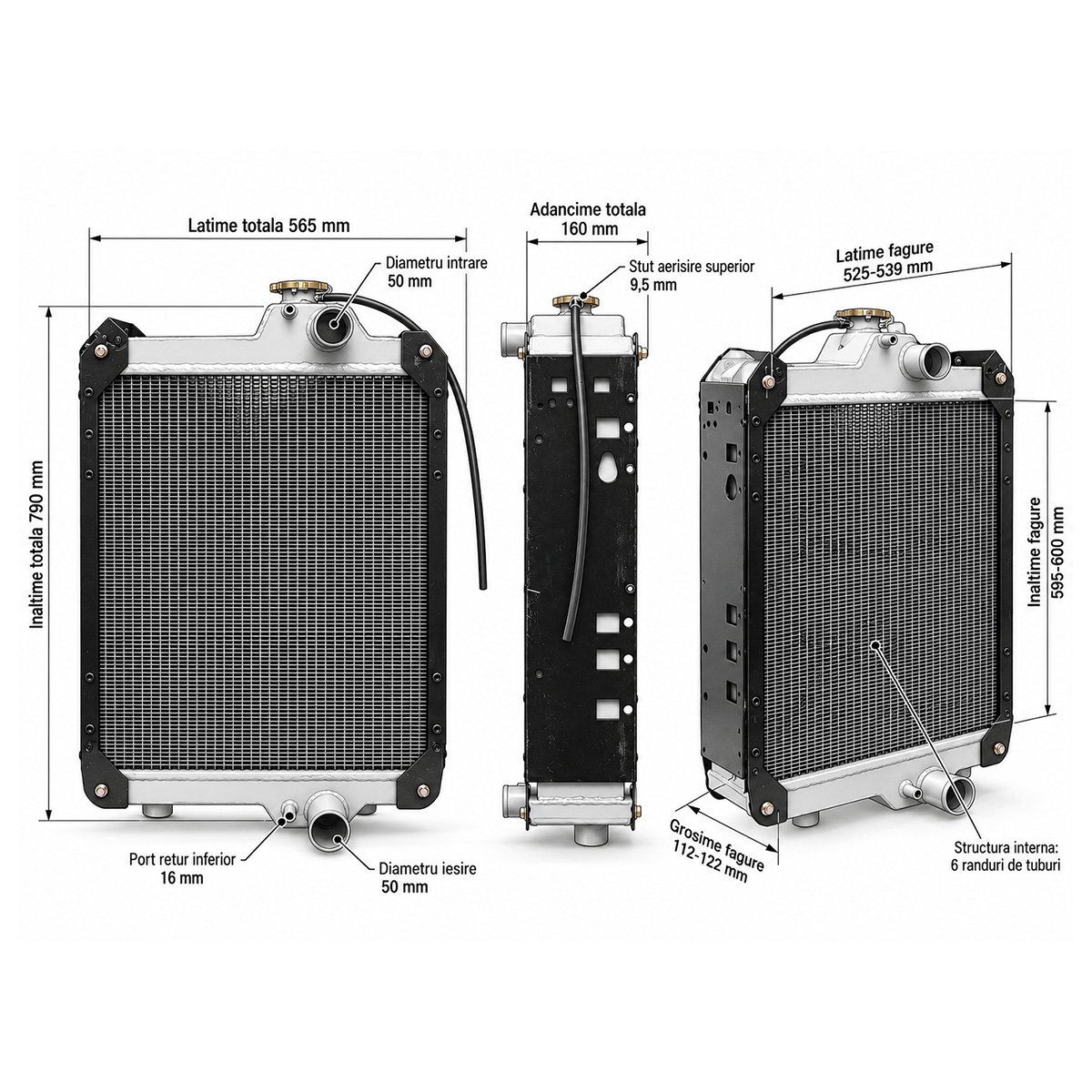 Radiator racire apa Case IH, New Holland, Steyr 790x565x160mm cod OEM 87306756, 82027546, 82033774, 82033796, 87306757, 8132017 – imagine 2