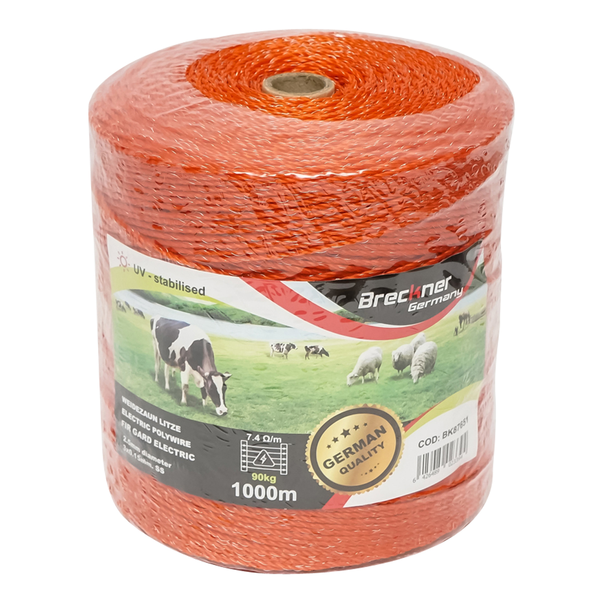Rola fir portocaliu fi 2,5mm. 3x0.15mm. SS, rezistenta 7.4 Ohm/m, 1000m gard electric Breckner Germany