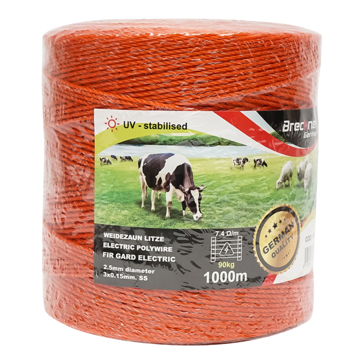 Rola fir portocaliu fi 2,5mm. 3x0.15mm. SS, rezistenta 7.4 Ohm/m, 1000m gard electric Breckner Germany – imagine 3