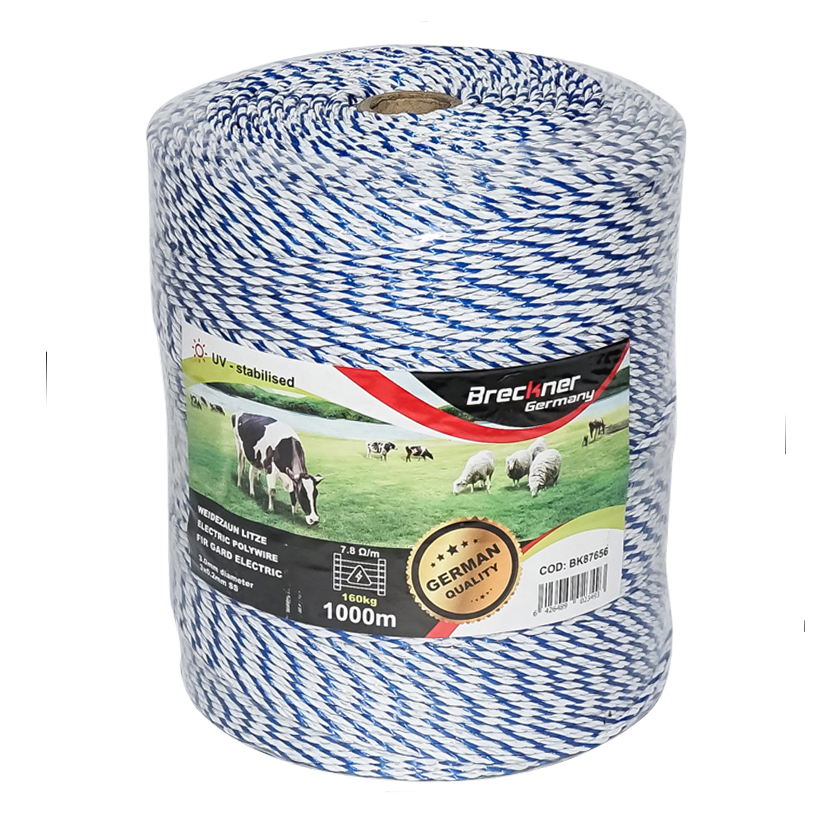 Rola fir alb-albastru fi 3mm. 3x0.2mm. SS, 7,8 Ohm/m, 1000m gard electric Breckner Germany