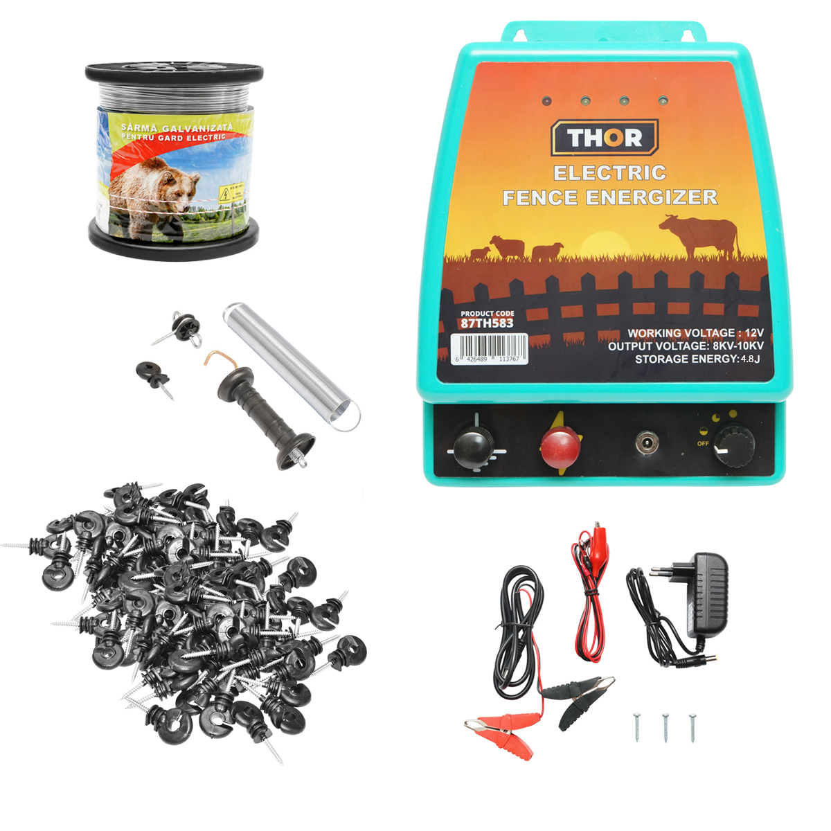 Kit complet gard electric pentru ursi si mistreti 4.8 Joule, 12/220V, lungime sarma 1000m Breckner Germany