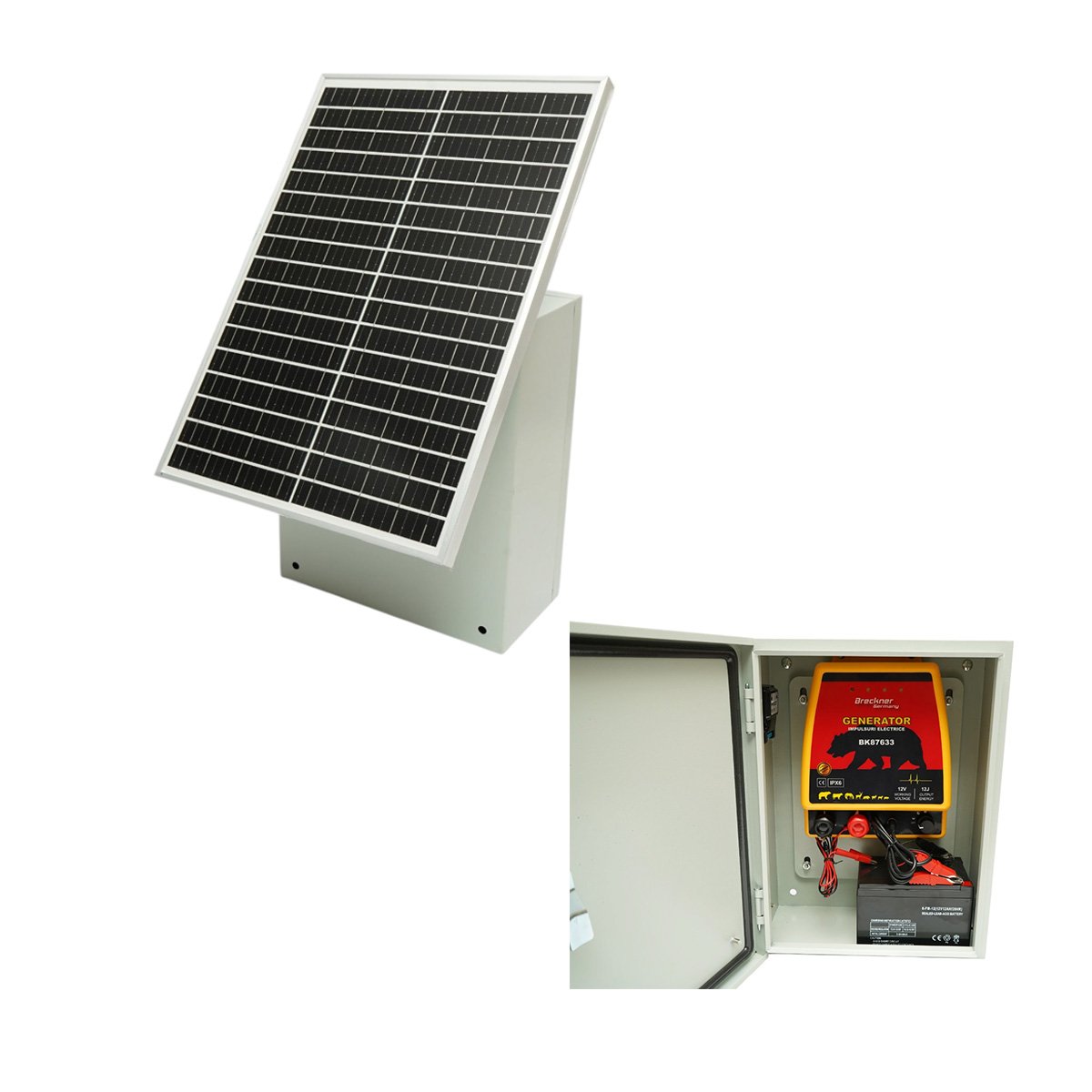 Aparat generator impulsuri 12 Joule, DC12V/220V cu panou solar 30W si baterie 12V 12Ah cutie din inox pentru gard electric Breckner Germany
