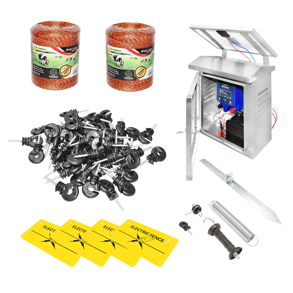 Kit complet gard electric 12 Joule, 12V cu panou solar 30W, baterie 12V/12Ah, lungime fir 2000m, 100 izolatori, kit poarta, 4 placute de avertizare Breckner Germany