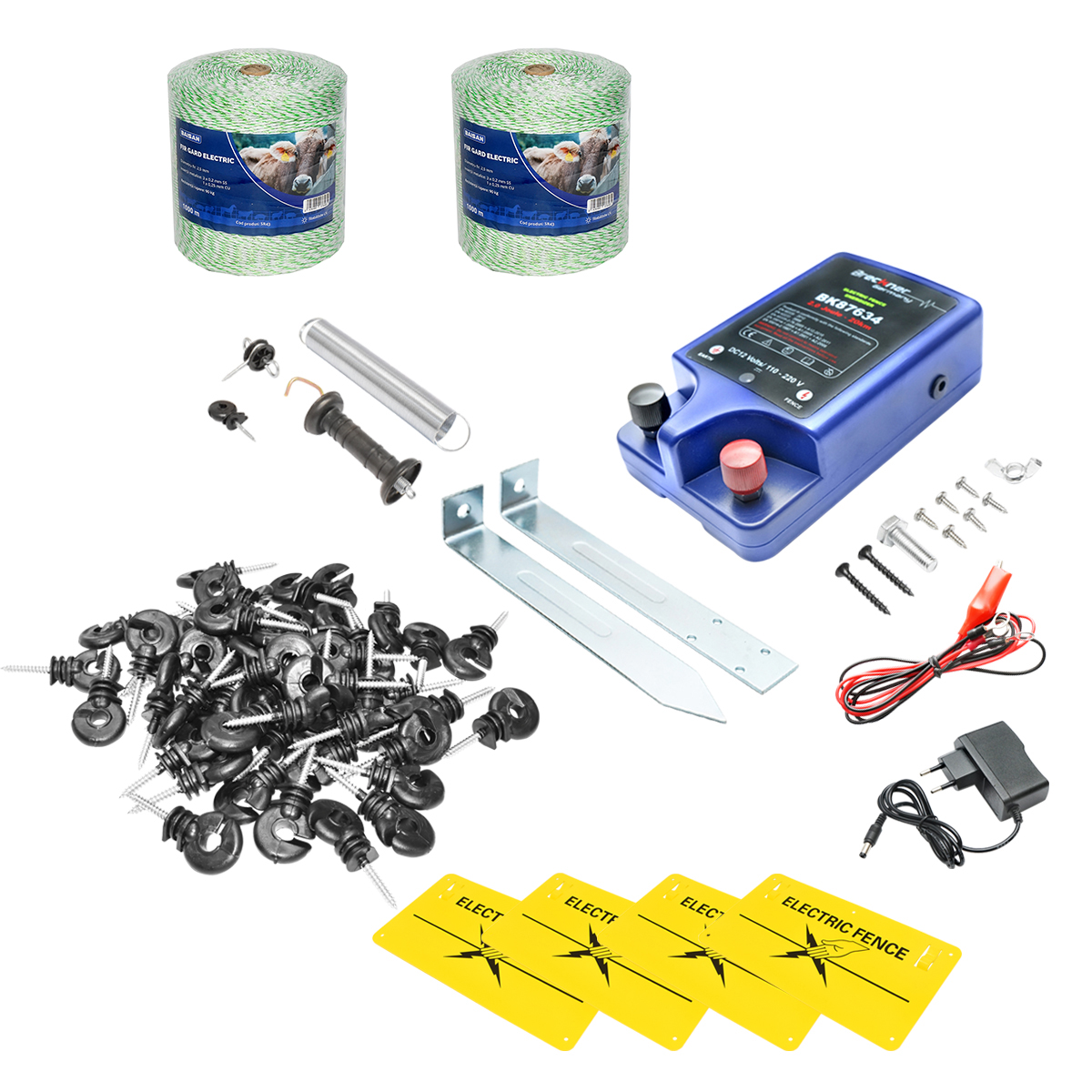 Kit complet gard electric 12/220V, 2 Joule, lungime fir 2000m, 100 izolatori, kit poarta si 4 placute avertizare Breckner Germany