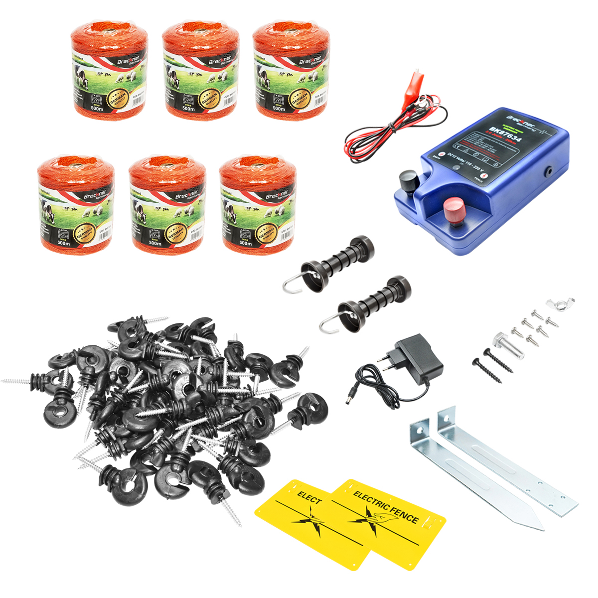 Kit complet gard electric 12/220V, 2 Joule, lungime fir 1500m, 100 izolatori, 2 manere poarta, 2 placute avertizare Breckner Germany