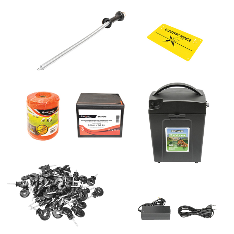Kit complet gard electric 9/12V, 0,7 Joule, lungime fir 500m, 100 izolatori, manere poarta, placuta avertizare si baterie uscata (nereincarcabila) 9V/90Ah Breckner Germany