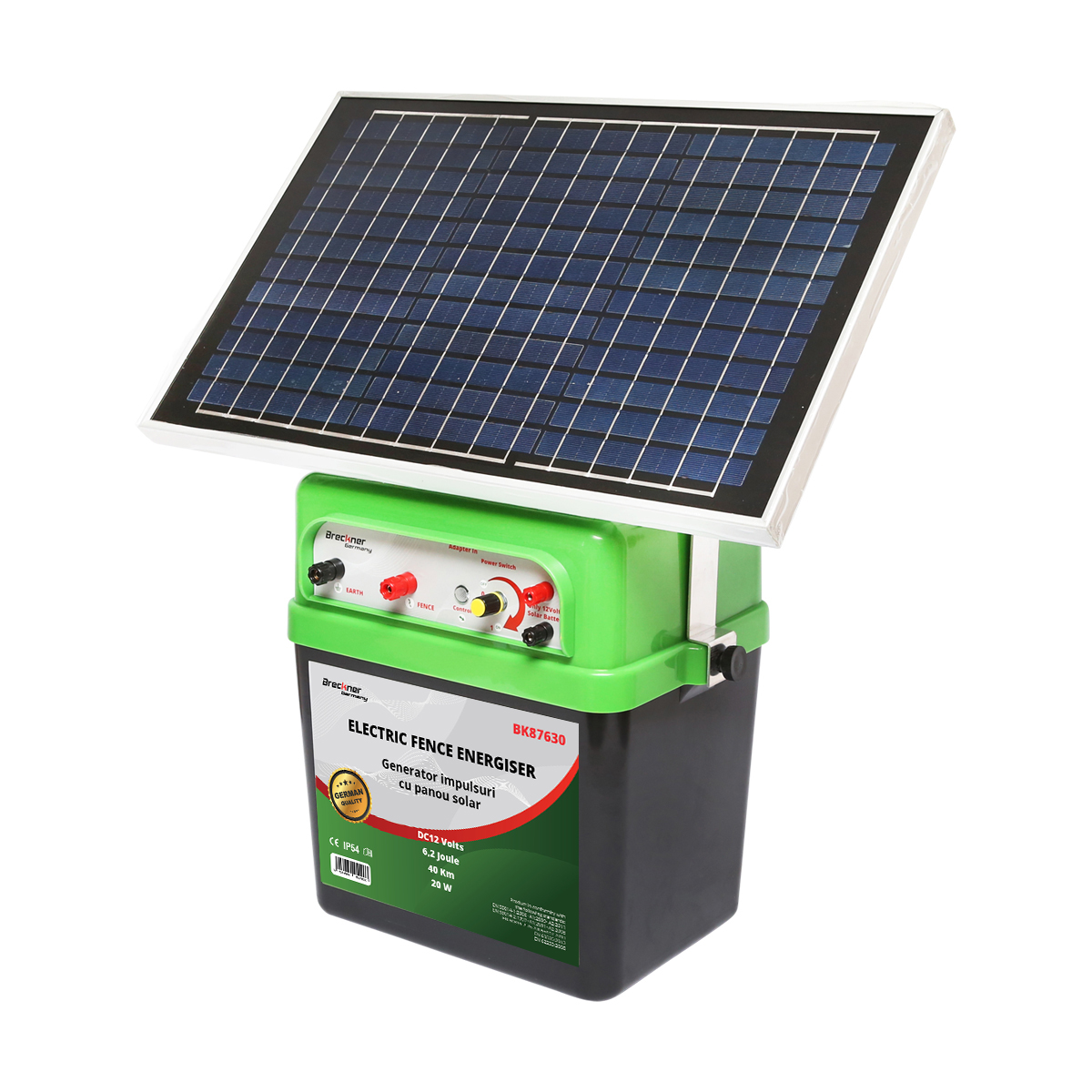 Aparat generator impulsuri 12V 6.2 Joule 40km cu panou solar 20W gard electric Breckner Germany