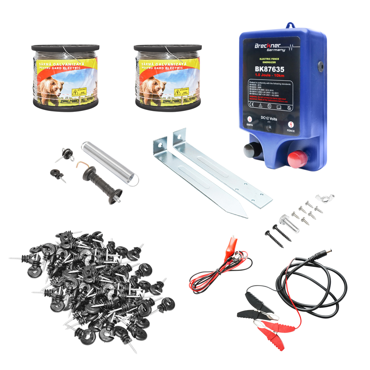 Kit complet gard electric 12V, 2 Joule, lungime sarma 1000m, 100 izolatori si kit poarta Breckner Germany