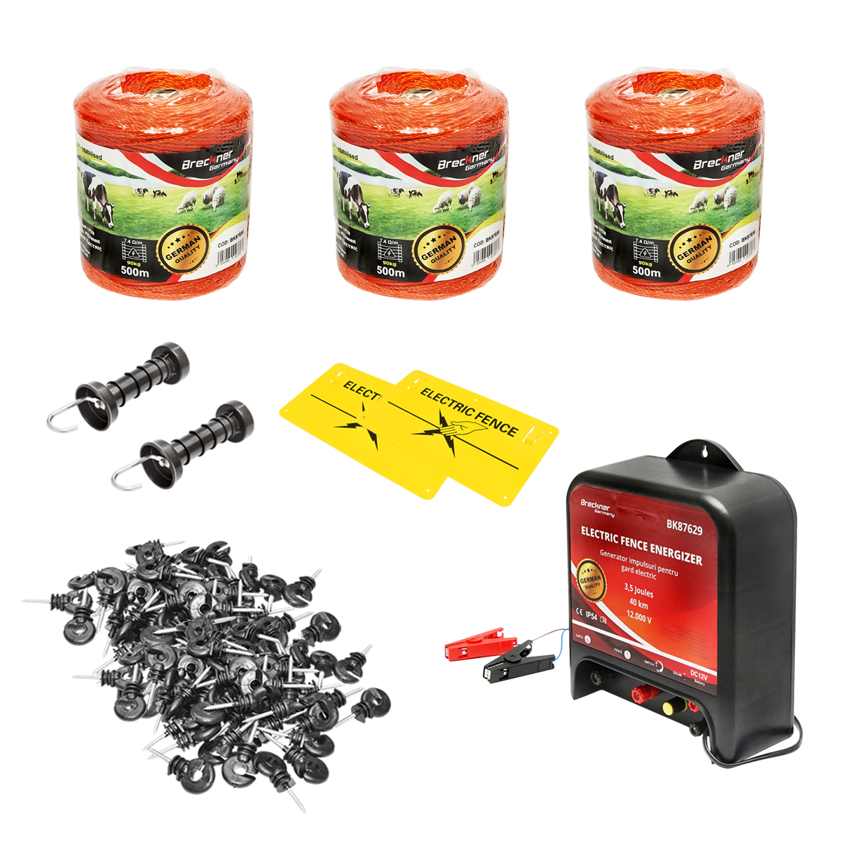 Kit complet gard electric 12V 3.5 Joule, lungime fir 1500m, 200 izolatori si placute avertizare Breckner Germany