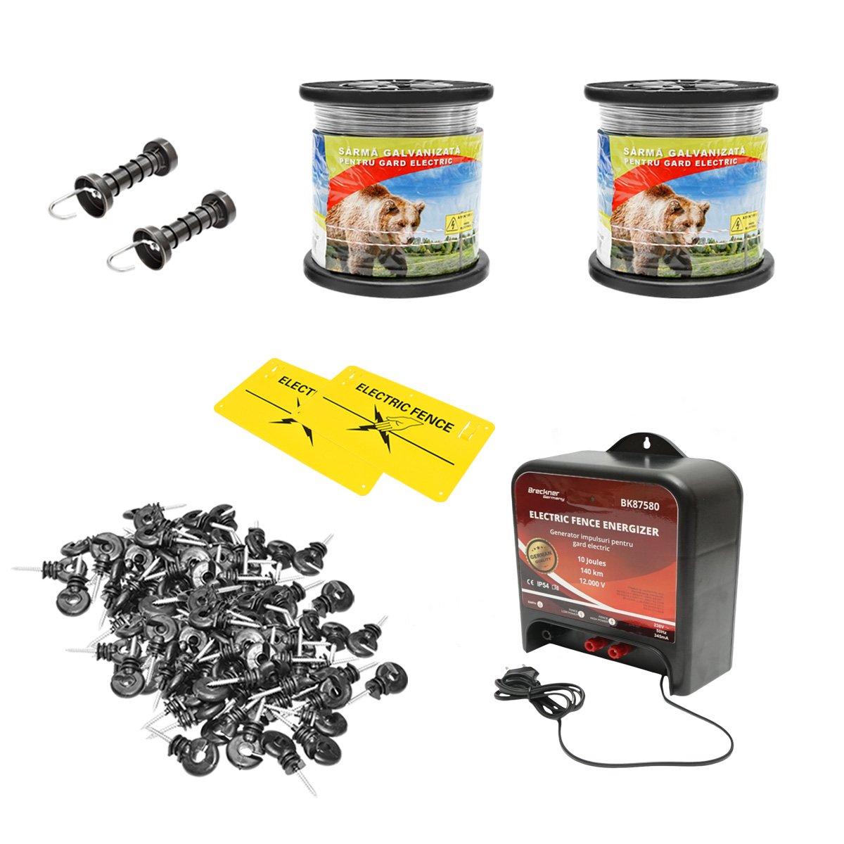 Kit complet gard electric 220V, 10 Joule, lungime sarma 1000m 200 izolatori si placute avertizare Breckner Germany