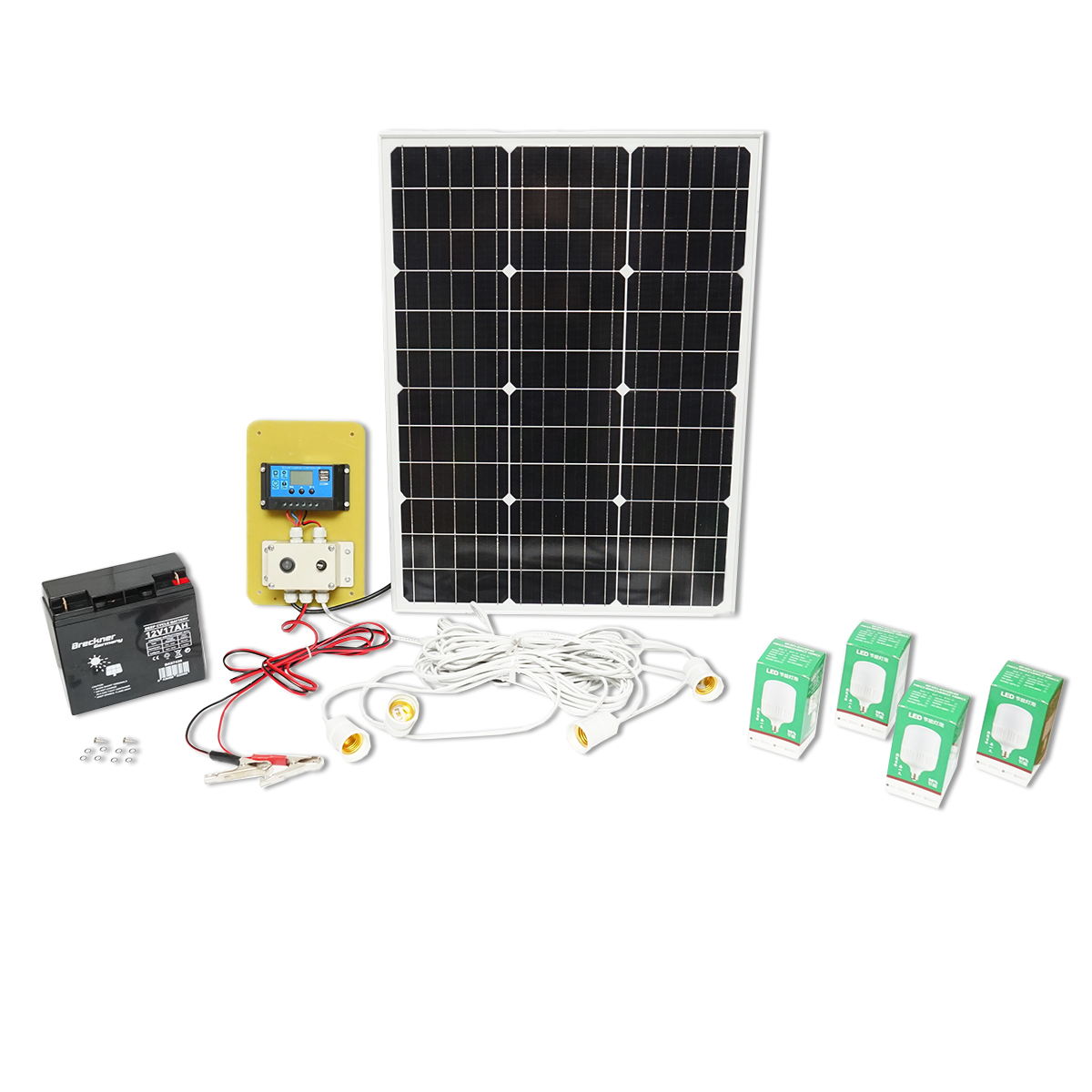 Set panou solar 50W fotovoltaic monocristalin 670x540x30mm 12-24V baterie 12/17Ah 4 becuri 9W Breckner Germany