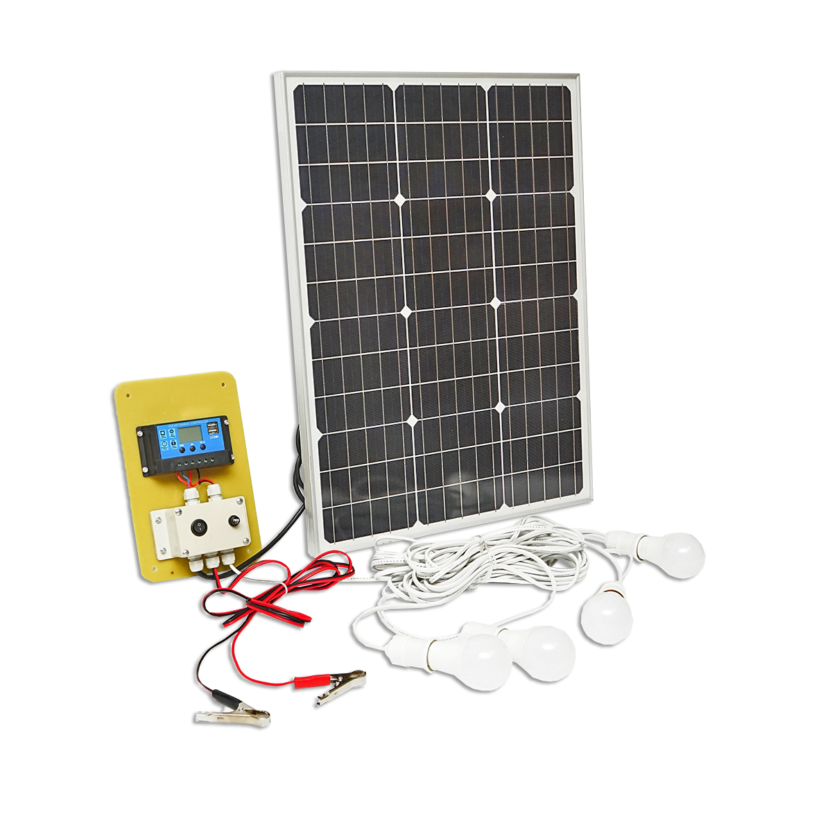 Set panou solar 50W fotovoltaic monocristalin 670x540x30mm 12-24V baterie 12/17Ah 4 becuri 9W Breckner Germany – imagine 3